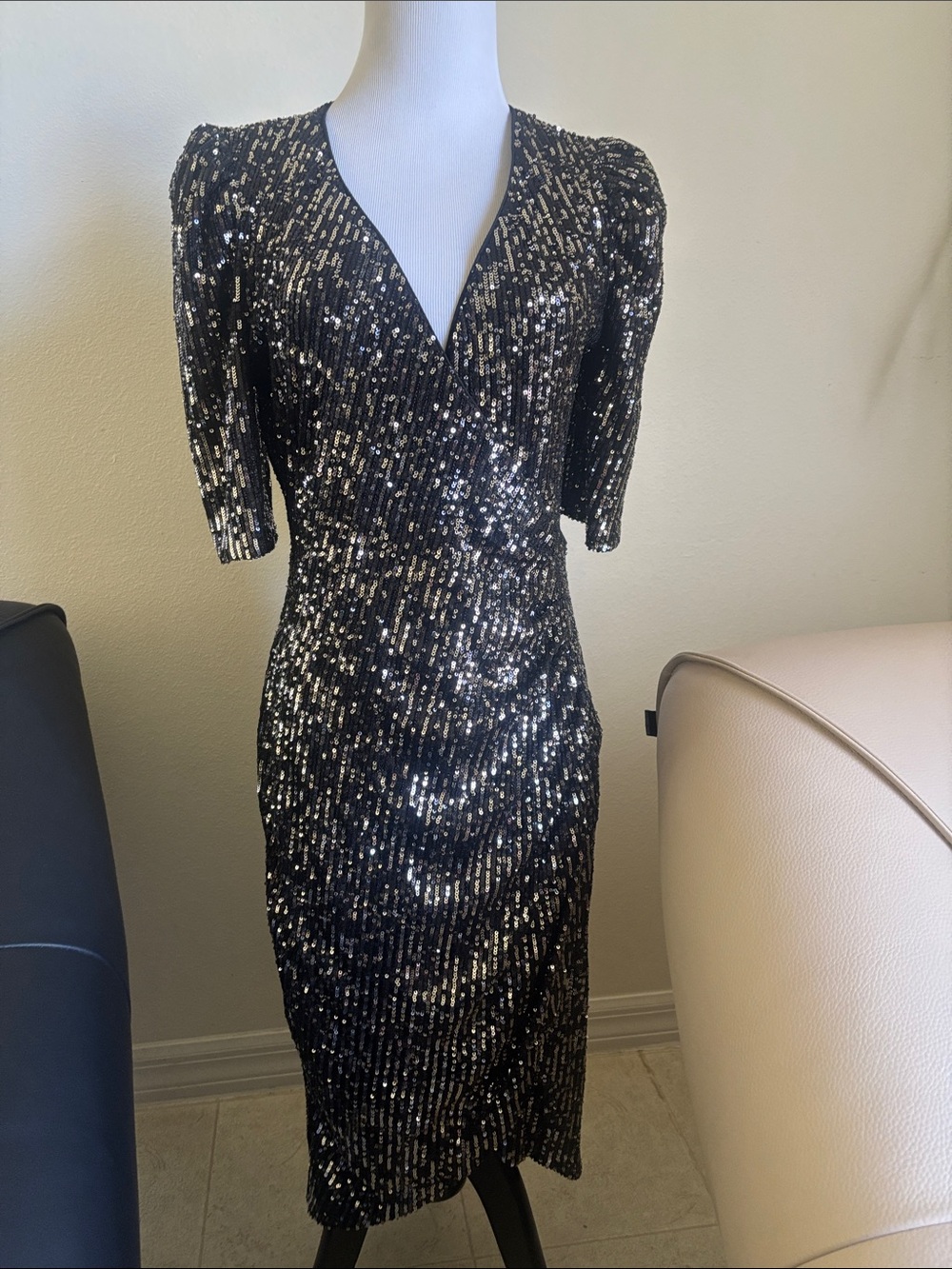 Calvin Klein Black Sequin V-Neck Midi Dress